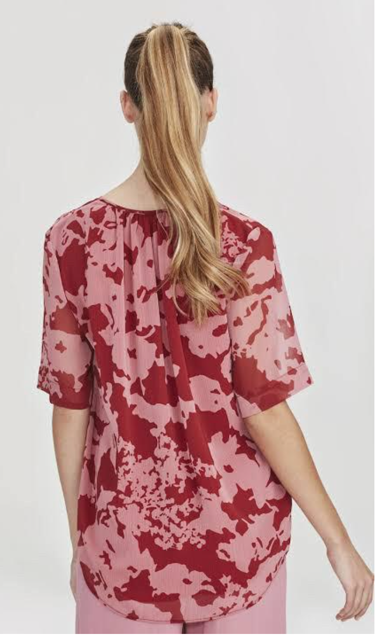 Juliette Hogan - V-Neck Short Sleeve Silk Top - Olive & Pink - Size S (3928227396772086954)