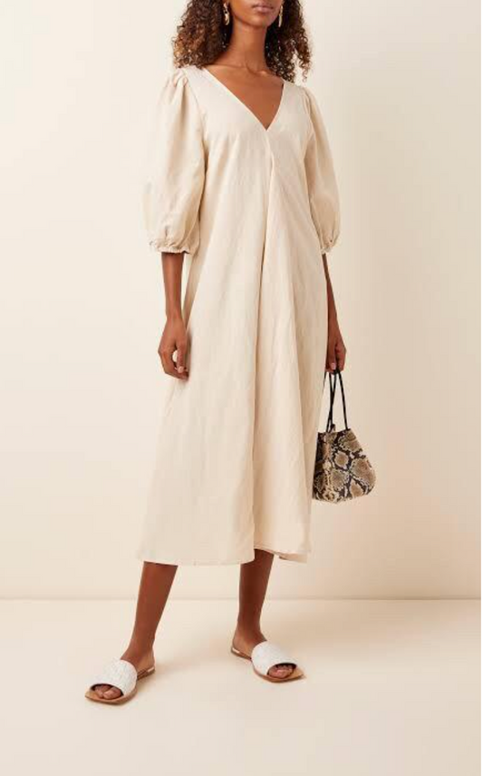 St. Agni - Sunday dress - Puff Sleeve V-Neck Midi Dress - Oatmeal - Size S (3928253002185483463)