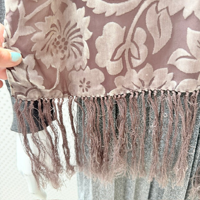 Silk - Floral Jacquard Fringe Scarf - Dusty Rose & Taupe (3928680020582657908)