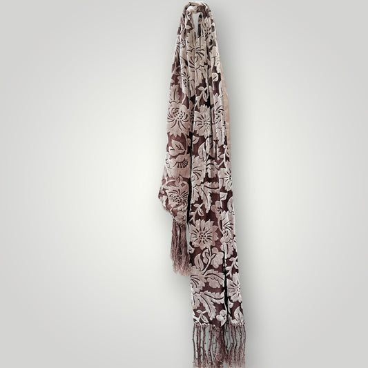 Silk - Floral Jacquard Fringe Scarf - Dusty Rose & Taupe (3928682259483971095)