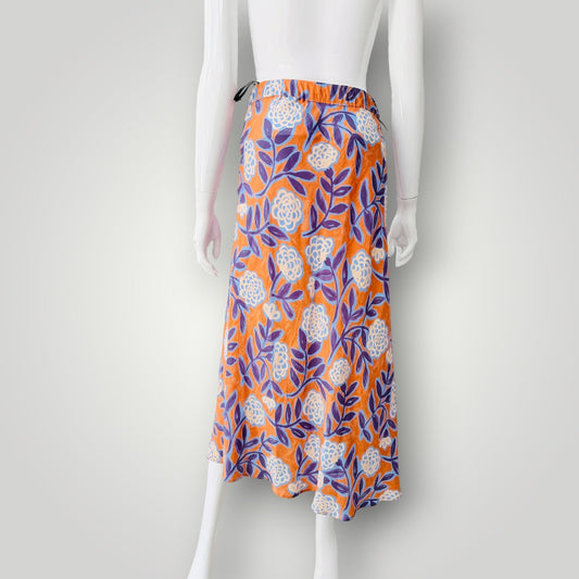 Helen Cherry - Floral Silk Midi Skirt - NZ Made - Orange & Purple - Size 10 (3928749610064302810)