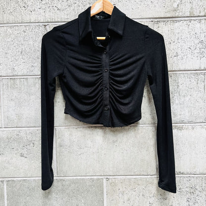 black / cropped mesh ruched body shirt / xs / new (3794305281590968024)