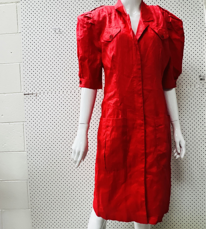 1980s / nz vintage / 'gloss' bright red linen 1980s dress / s/m (3858070912808038897)