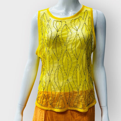 ZARA / bright yellow mesh top with beading / L (3866432348912267571)