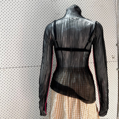 HELMUT LANG / sheer ribbed top with pink piping / small (3872394316281112013)
