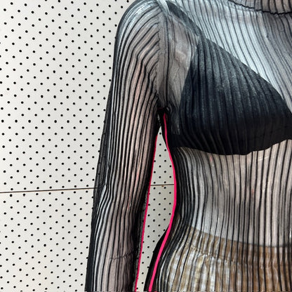 HELMUT LANG / sheer ribbed top with pink piping / small (3872394317952343440)