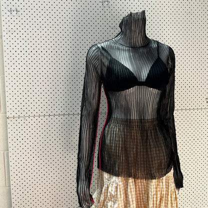HELMUT LANG / sheer ribbed top with pink piping / small (3872394319461294111)