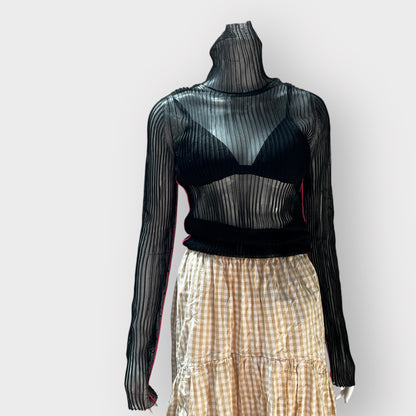 HELMUT LANG / sheer ribbed top with pink piping / small (3872394498466097001)