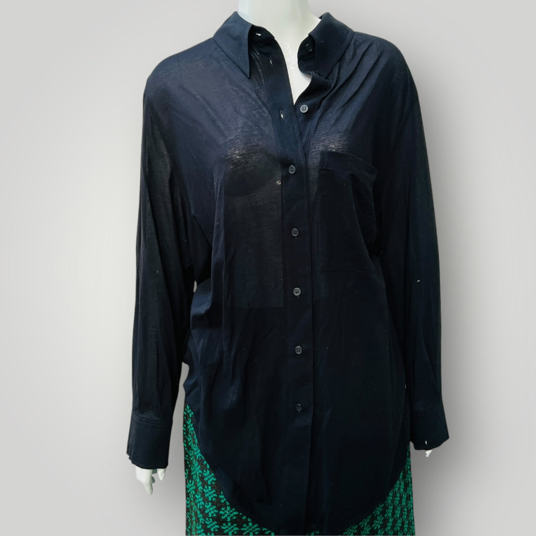 COS / semi sheer long black button down shirt / M (3882692943017454984)
