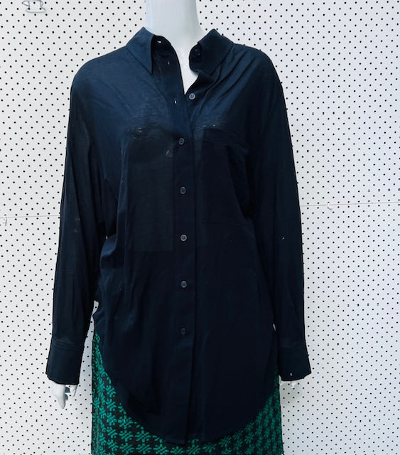 COS / semi sheer long black button down shirt / M (3882776260375336019)