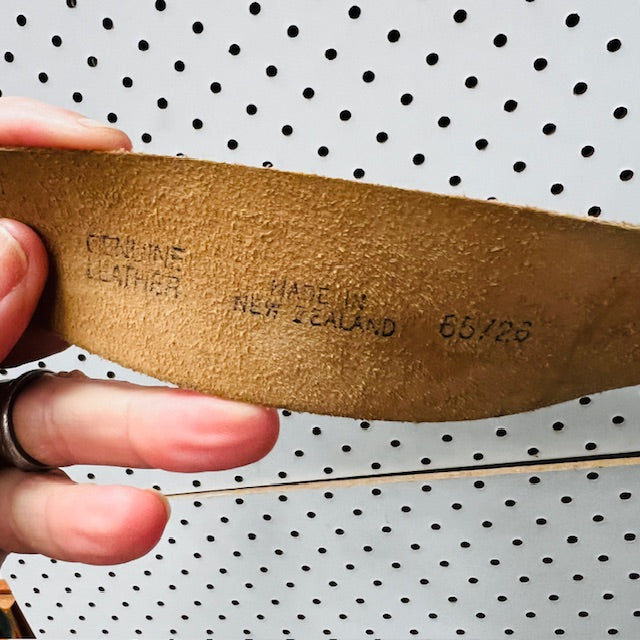 tan / leather belt with large silver buckle / s / made in nz (3884591797336642675)