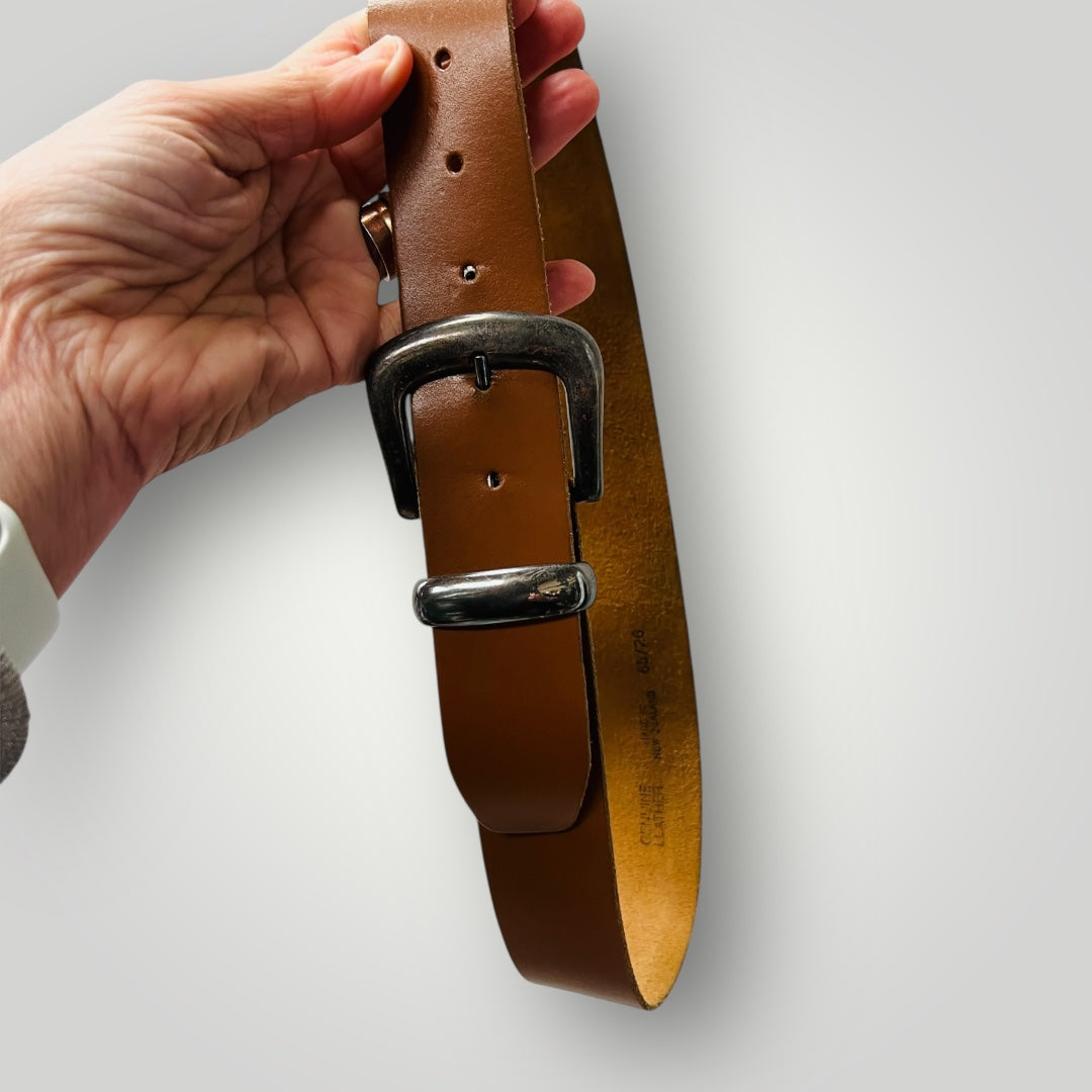 tan / leather belt with large silver buckle / s / made in nz (3884591988963682269)