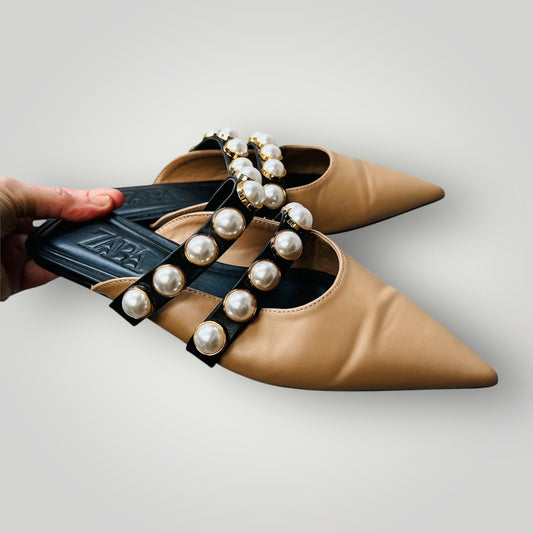 Zara / Pearl Beaded Flat Mules / Natural Tan Black / 37 (3885721554250072508)