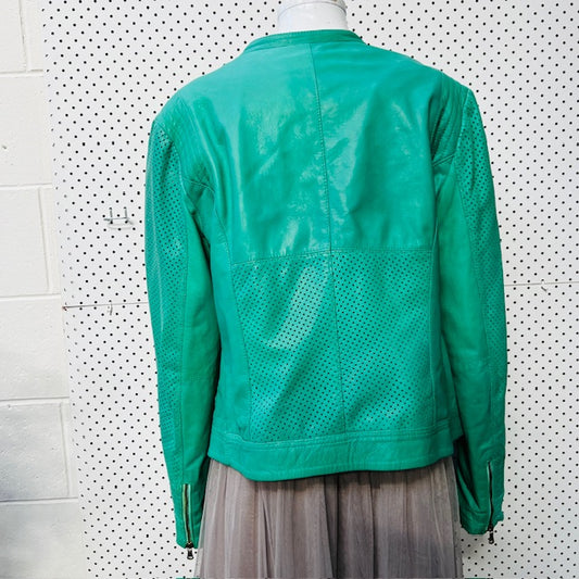 TIMOTEA / bright green leather jacket / made in italy / s (3888149190914143305)