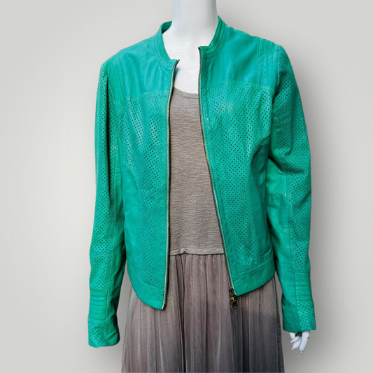 TIMOTEA / bright green leather jacket / made in italy / s (3888149419428542410)