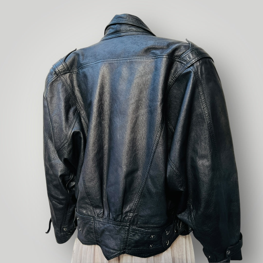 vintage / VADIM / black leather jacket / S (3888149425162304029)