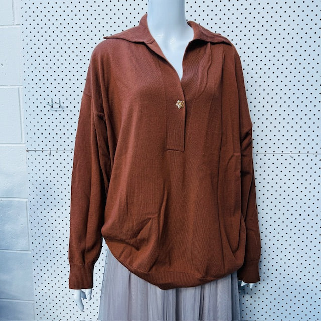 KATE SYVESTER / brown merino jumper with collar / L (3888681747412944003)