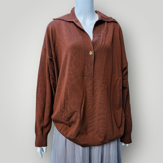 KATE SYVESTER / brown merino jumper with collar / L (3888682280606515901)