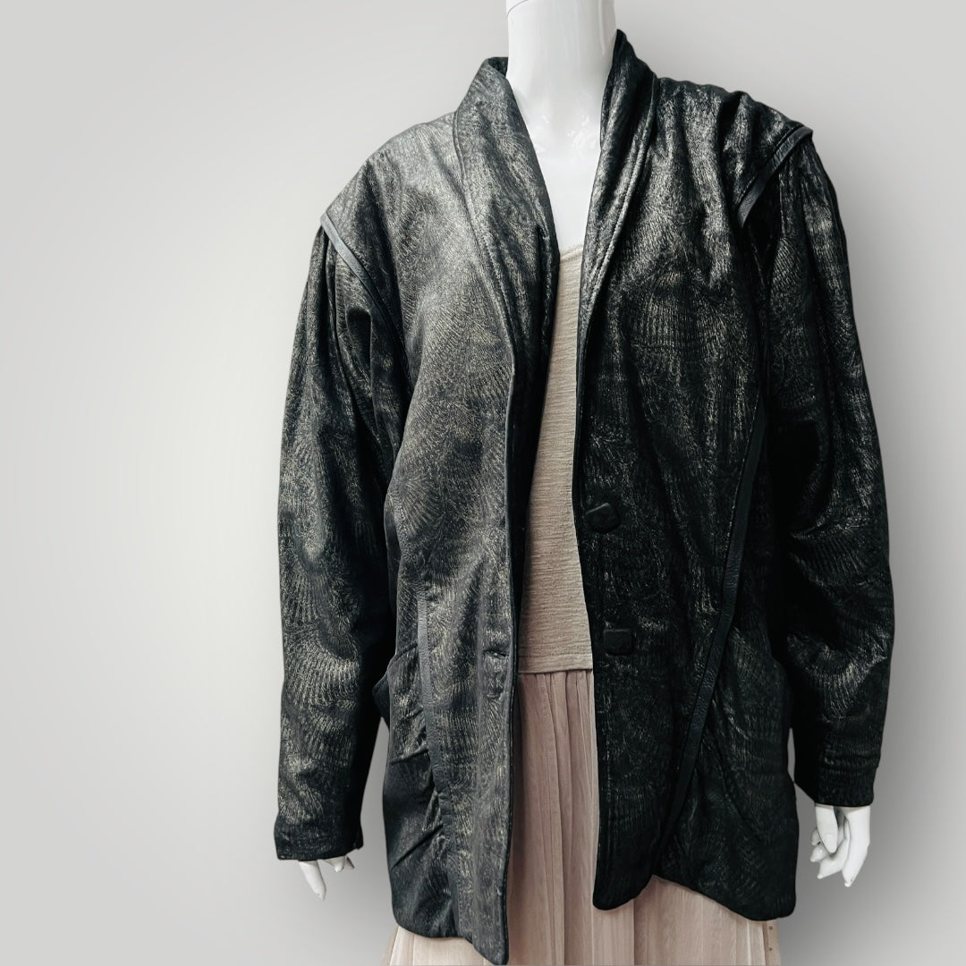 1990s vintage / leather jacket with gold patterning / M/L (3889343037001786933)