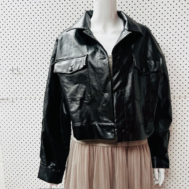 faux leather / oversized cropped jacket / XL (3889441389450478496)