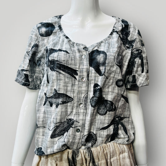 2000s nz vintage / DORIS DE PONT / flock print top / s / made in nz (3890025733706258338)