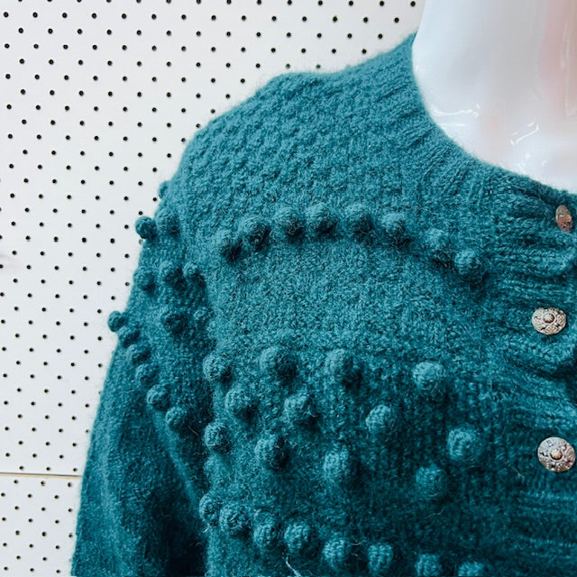 handmade / thick green wool cardigan with bobbles / M/L (3890563803839426070)