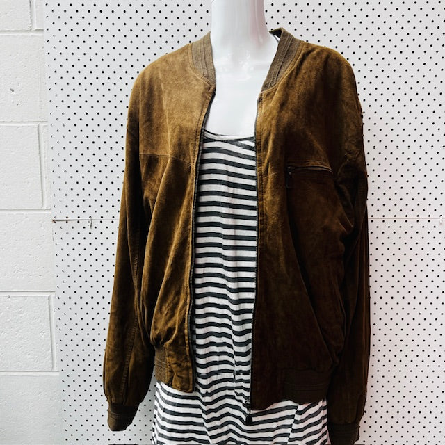 1970s vintage / brown suede leather bomber jacket / M/L (3890563885572498575)