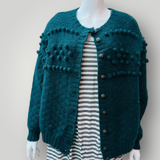handmade / thick green wool cardigan with bobbles / M/L (3890564048467286683)