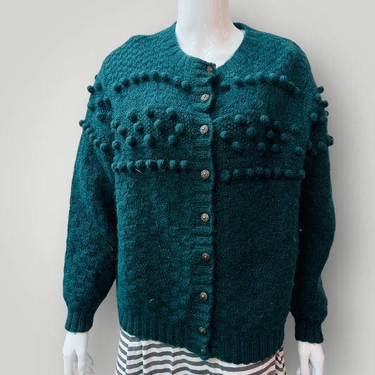handmade / thick green wool cardigan with bobbles / M/L (3890564050296958594)