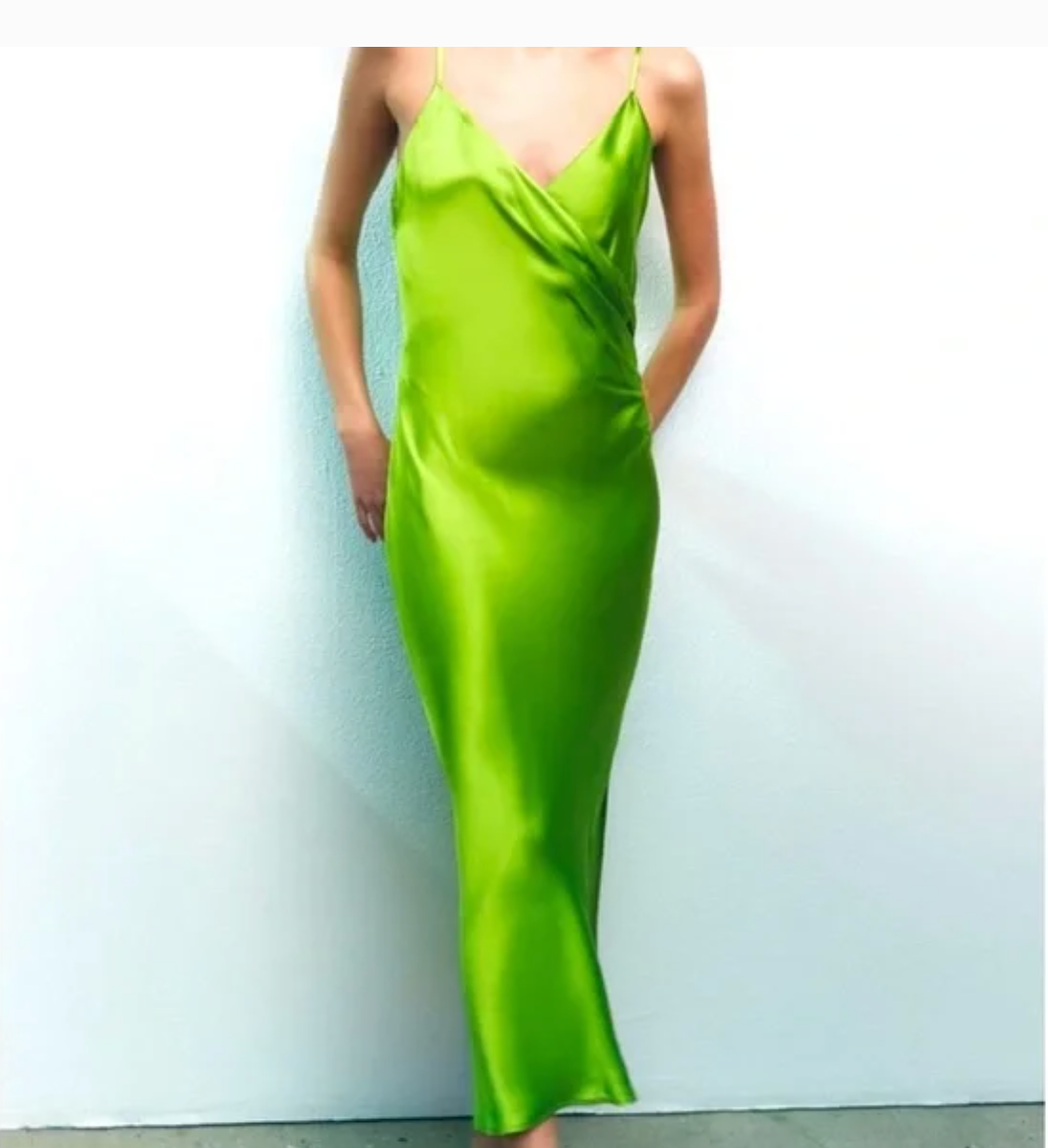 ZARA / bright green slinky lingerie dress / s (3893574164415235211)