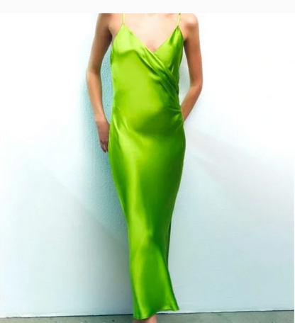 ZARA / bright green slinky lingerie dress / s (3893574164415235211)