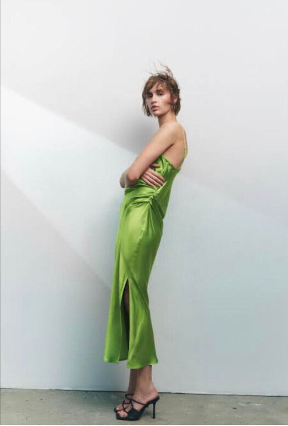 ZARA / bright green slinky lingerie dress / s (3893574177008403602)