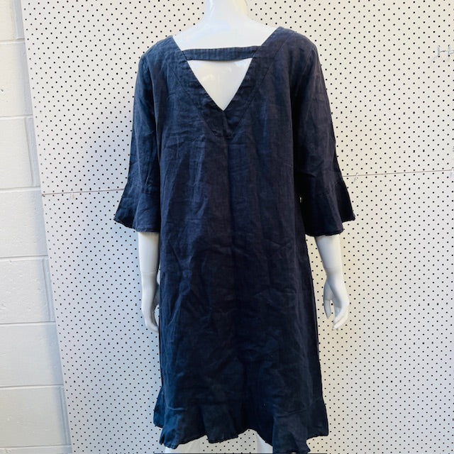 ANGEL LACE / blue linen dress / s / made in nz (3894342038468242301)