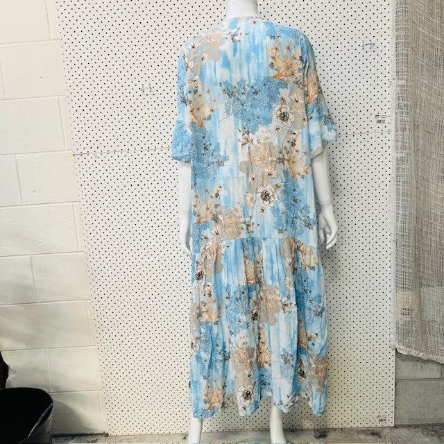 blue + brown / patterned dress / s (3894552724275261323)