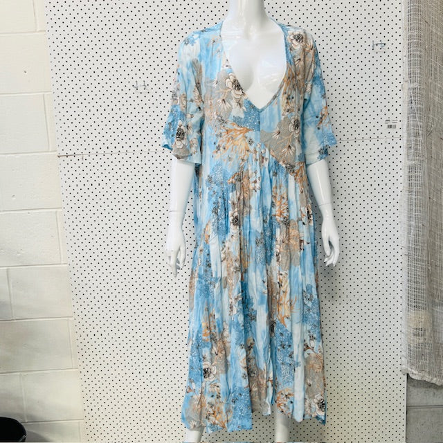 blue + brown / patterned dress / s (3894552730093335245)