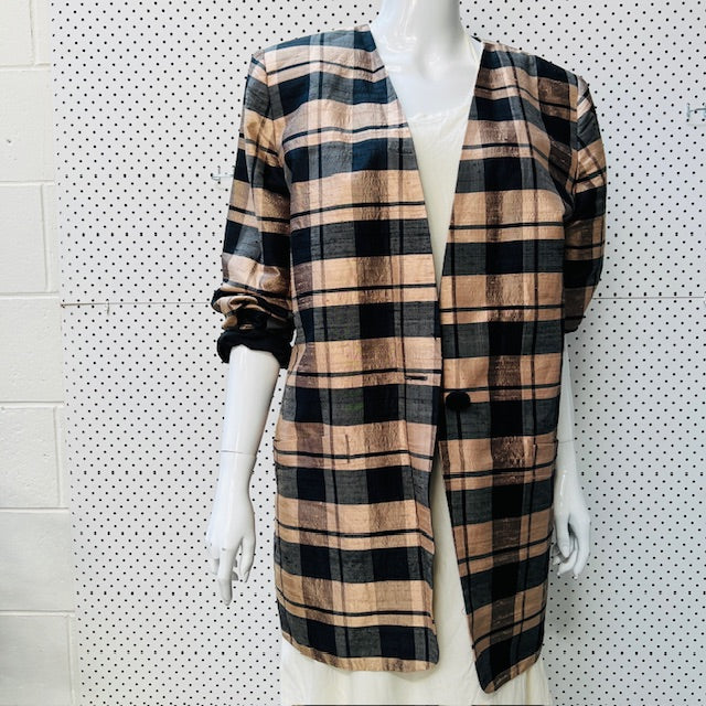 1990s vintage / raw silk / plaid jacket / s/m (3894552758672086996)