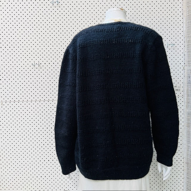 hand knitted / black wool cardigan with metal buttons / m/l (3894552760815301225)