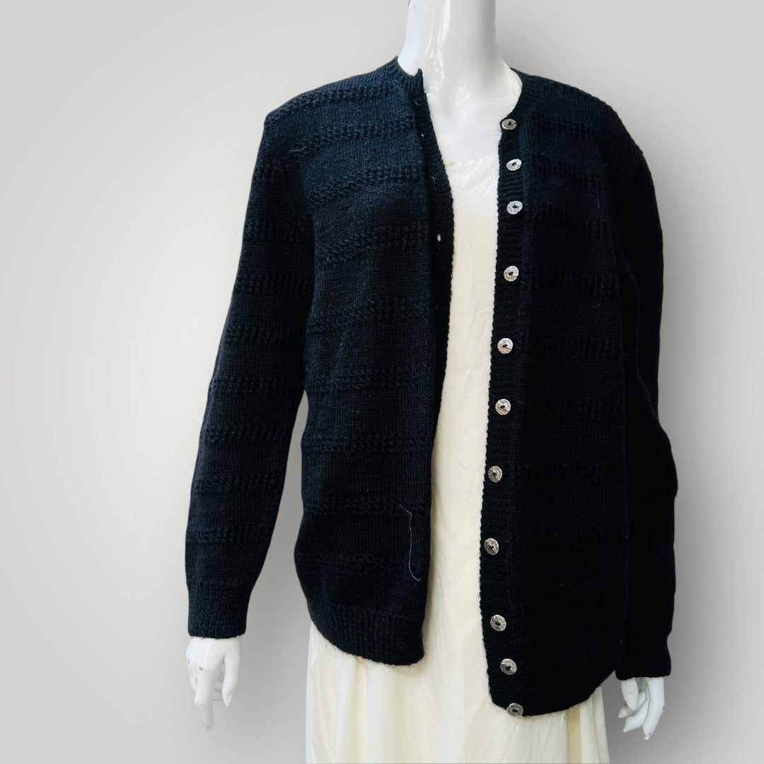 hand knitted / black wool cardigan with metal buttons / m/l (3894553022616031009)