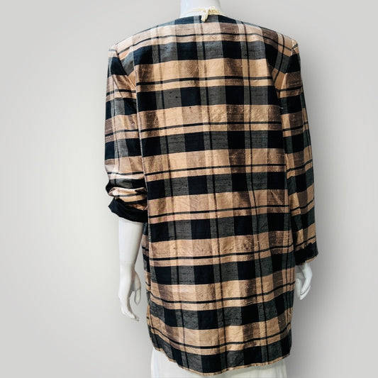 1990s vintage / raw silk / plaid jacket / s/m (3894553024435104114)