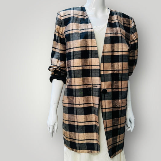 1990s vintage / raw silk / plaid jacket / s/m (3894553026286432408)