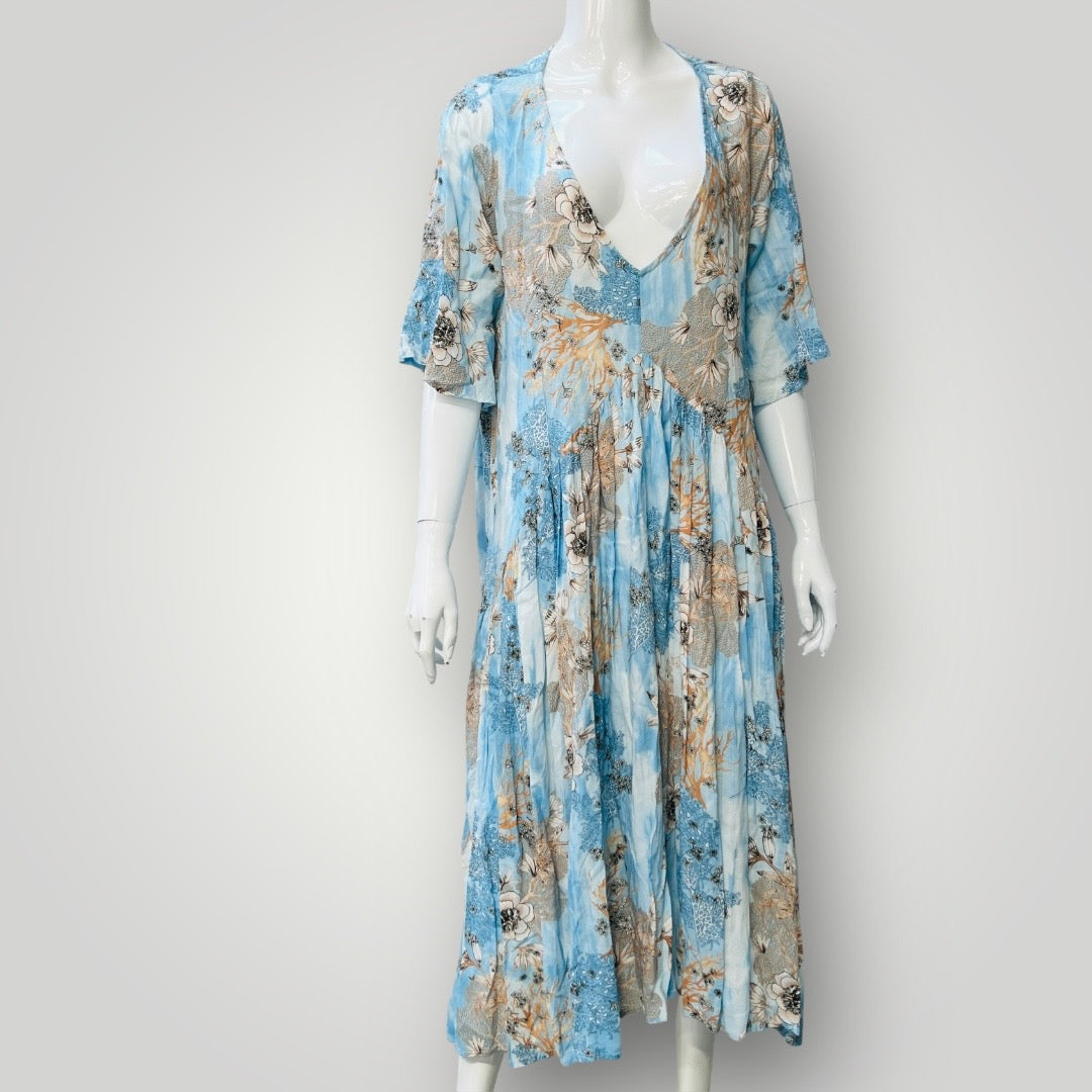 blue + brown / patterned dress / s (3894553037887767824)