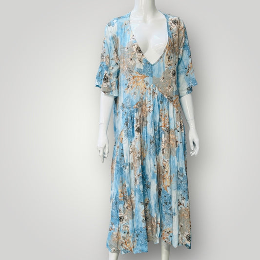 blue + brown / patterned dress / s (3894553037887767824)