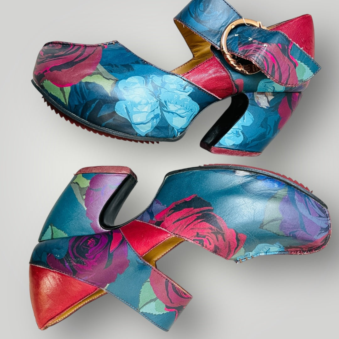 john fluevog / prepare leader / floral platform mary jane shoes / 8.5 (3894777634331751747)