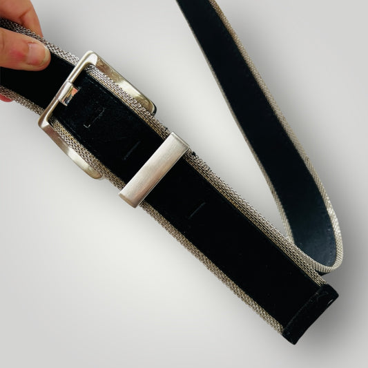 NINE WEST / leather belt with chain metal edging /  XL (3895478326297584674)