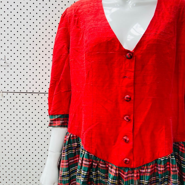 1990s vintage / silk party dress with tartan plaid skirt / L (3897210646807297008)