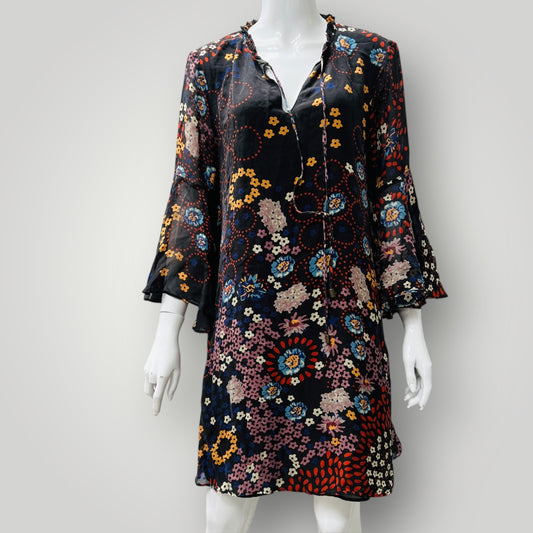 TRELISE COOPER / sweet silk floral ruffle dress / M (3897210923257953927)