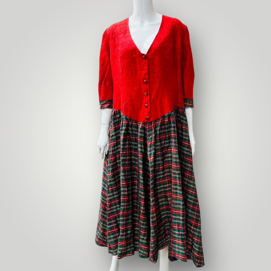 1990s vintage / silk party dress with tartan plaid skirt / L (3897210935889681945)