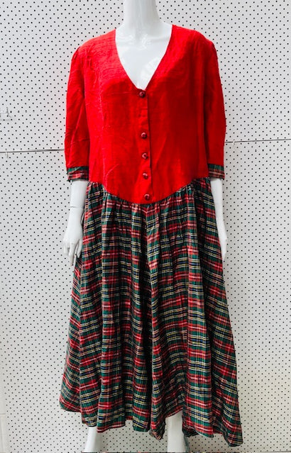 1990s vintage / silk party dress with tartan plaid skirt / L (3897215660098465216)