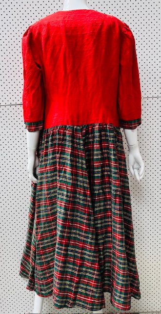 1990s vintage / silk party dress with tartan plaid skirt / L (3897215674152075993)