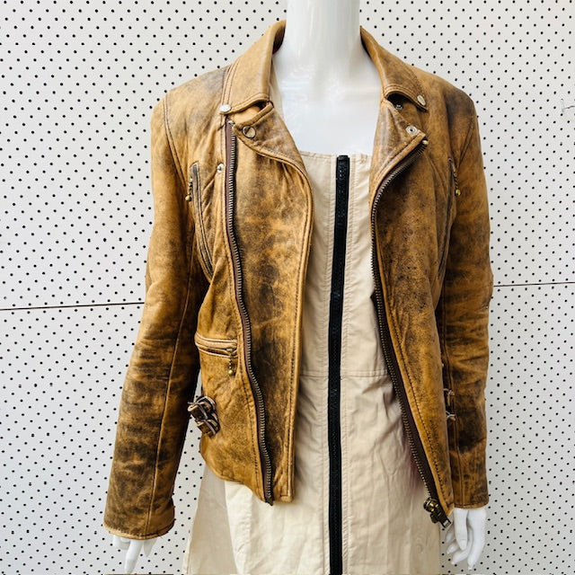 vintage / brown leather biker jacket / m (3897719622604067153)